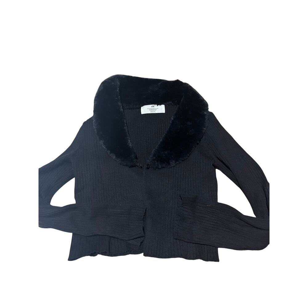 H&M black cardigan with faux fur collar dressy worn once for pictures euc